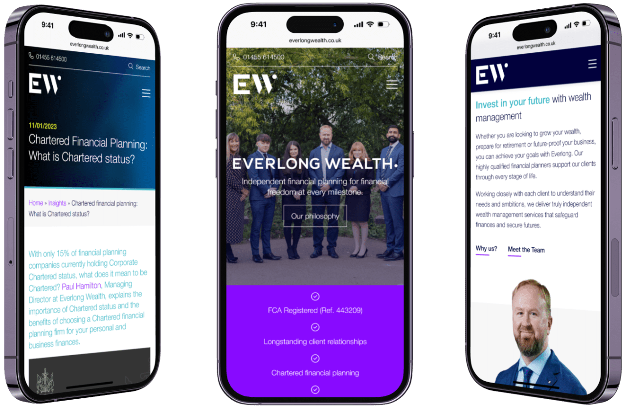 Iphone screenshots of the new Everlong Wealth website design