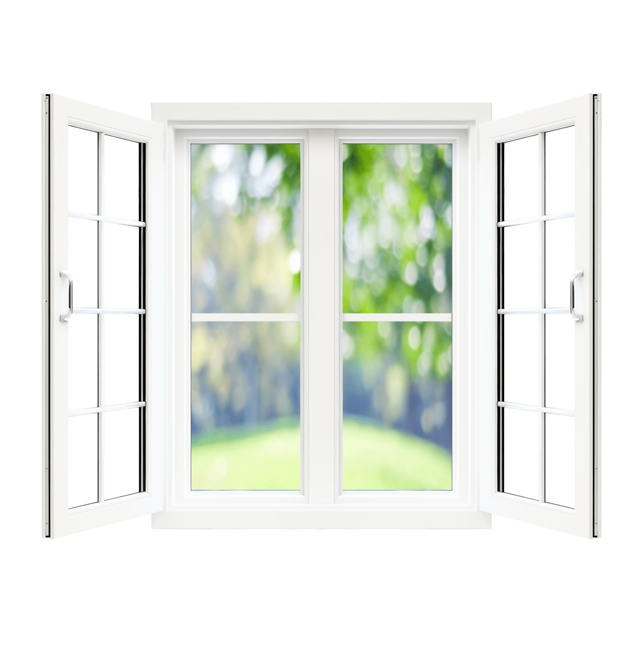 Open windows, sunny day with leafy background outside