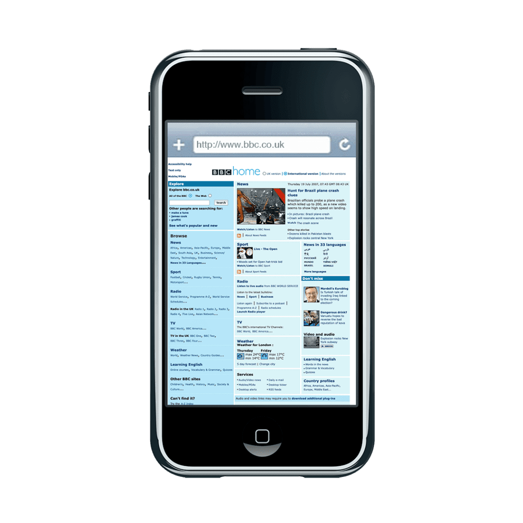 A first generation iPhone with safari web browser open showing the BBC website from 2007