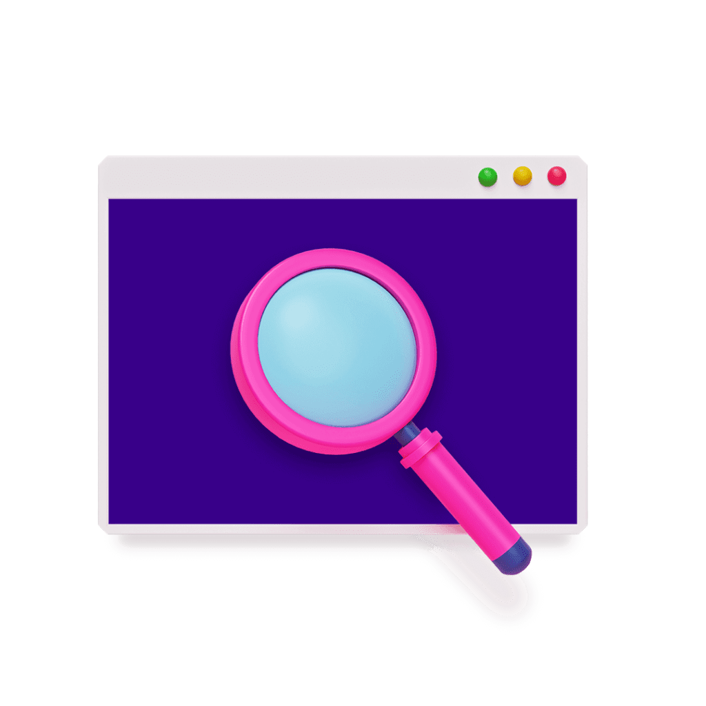 A pink magnifying glass searching a purple browser