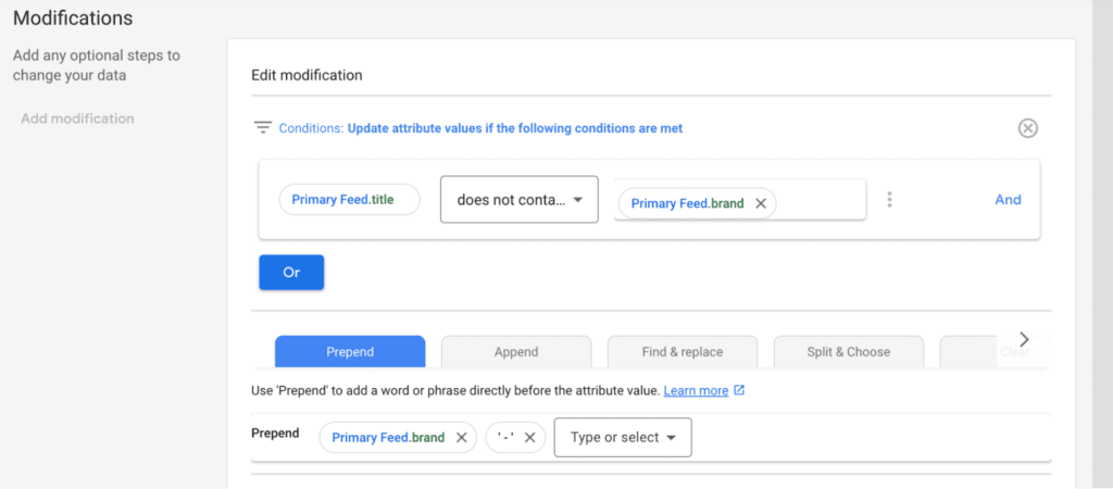 Use rules to see if each product title includes tha brand attribute in the title. If not, it will add it to the front of the title.