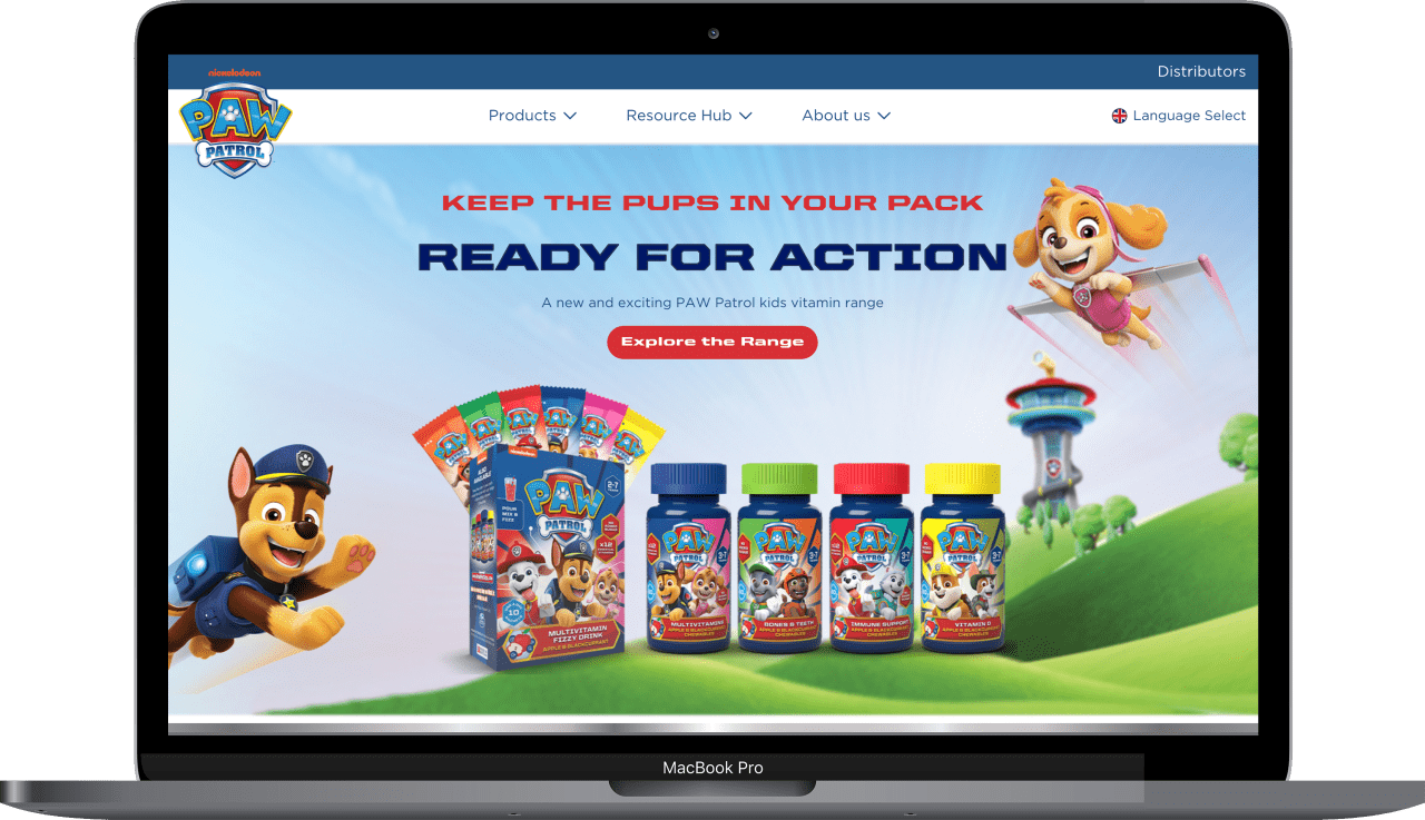 Paw Patrol supplements new landing page design on a laptop