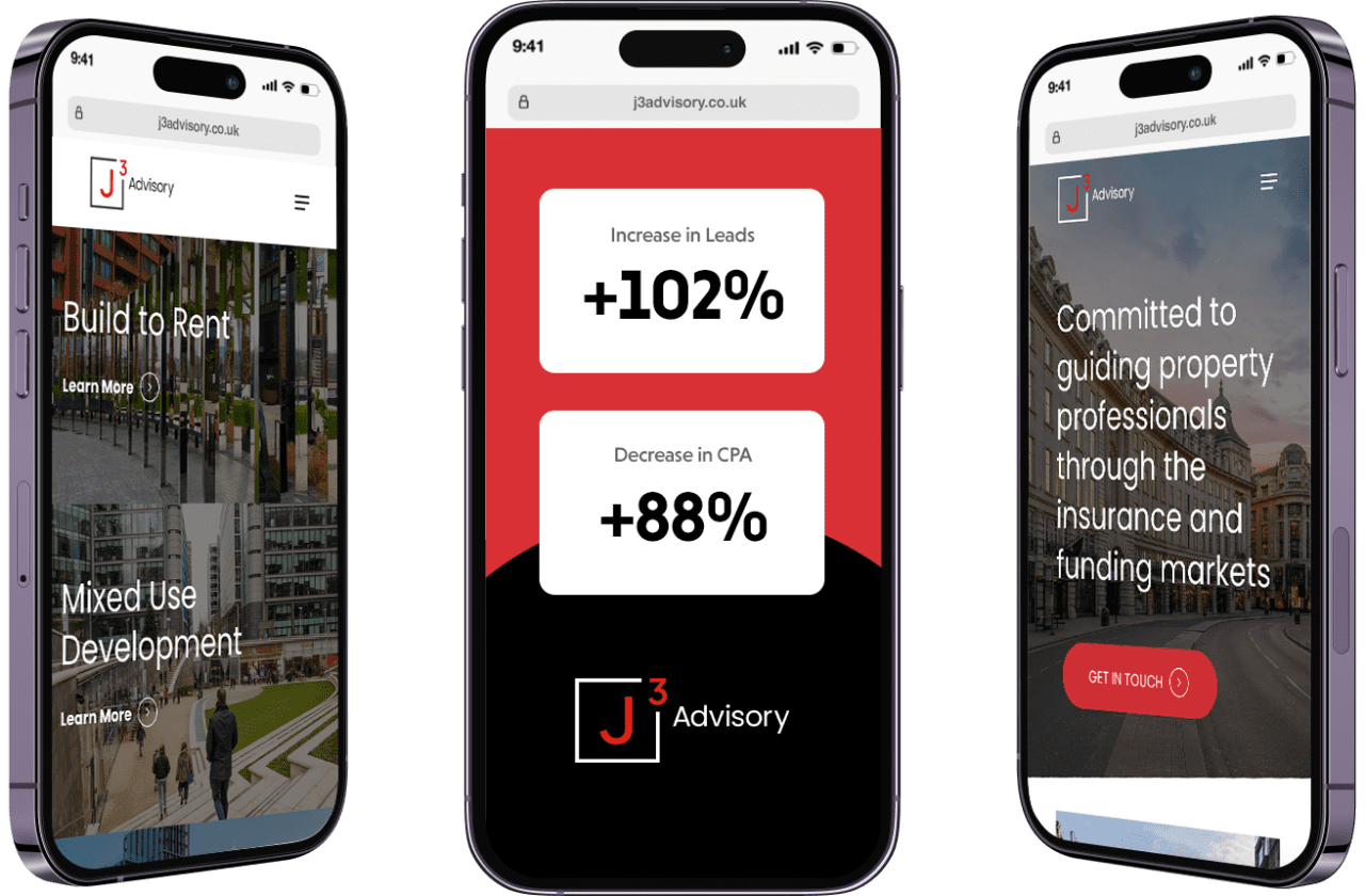 J3 Advisory website on mobile with ppc stats