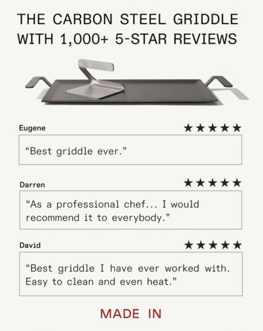 Made In's meta ad is a great example of the "testimonial" framework.