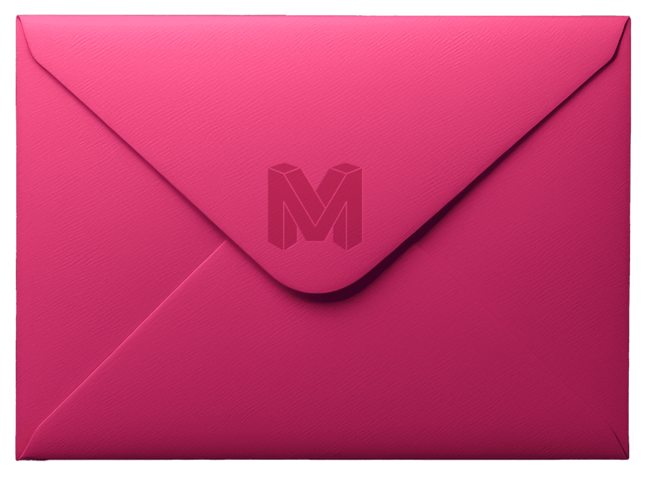 A pink envelope with The Digital Maze logo embossed onto it