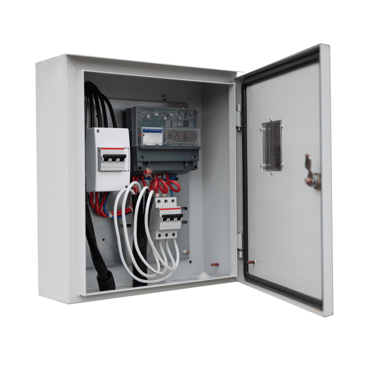 An open white meter box