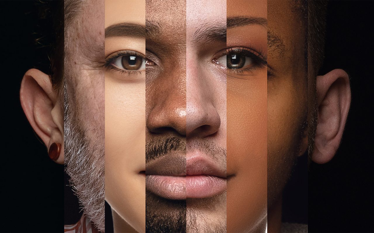 Human face made from different portrait of men and women of diverse age and race. Combination of faces. Concept of social equality, human rights, freedom, diversity, acceptance, standards