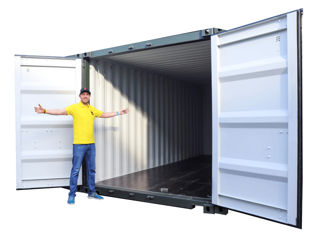 Man in yellow shirt standing in front of an open, empty shipping container