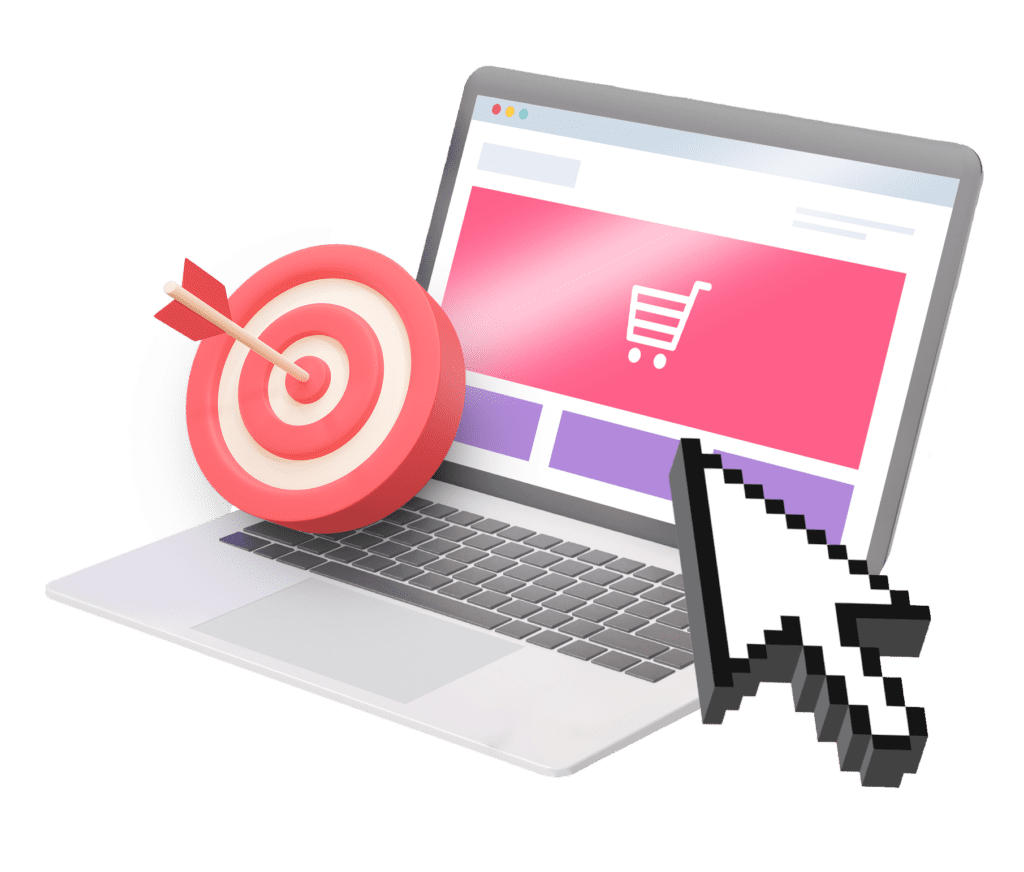 3d illustration of a landing page with a large cursor and a target with an arrow on it