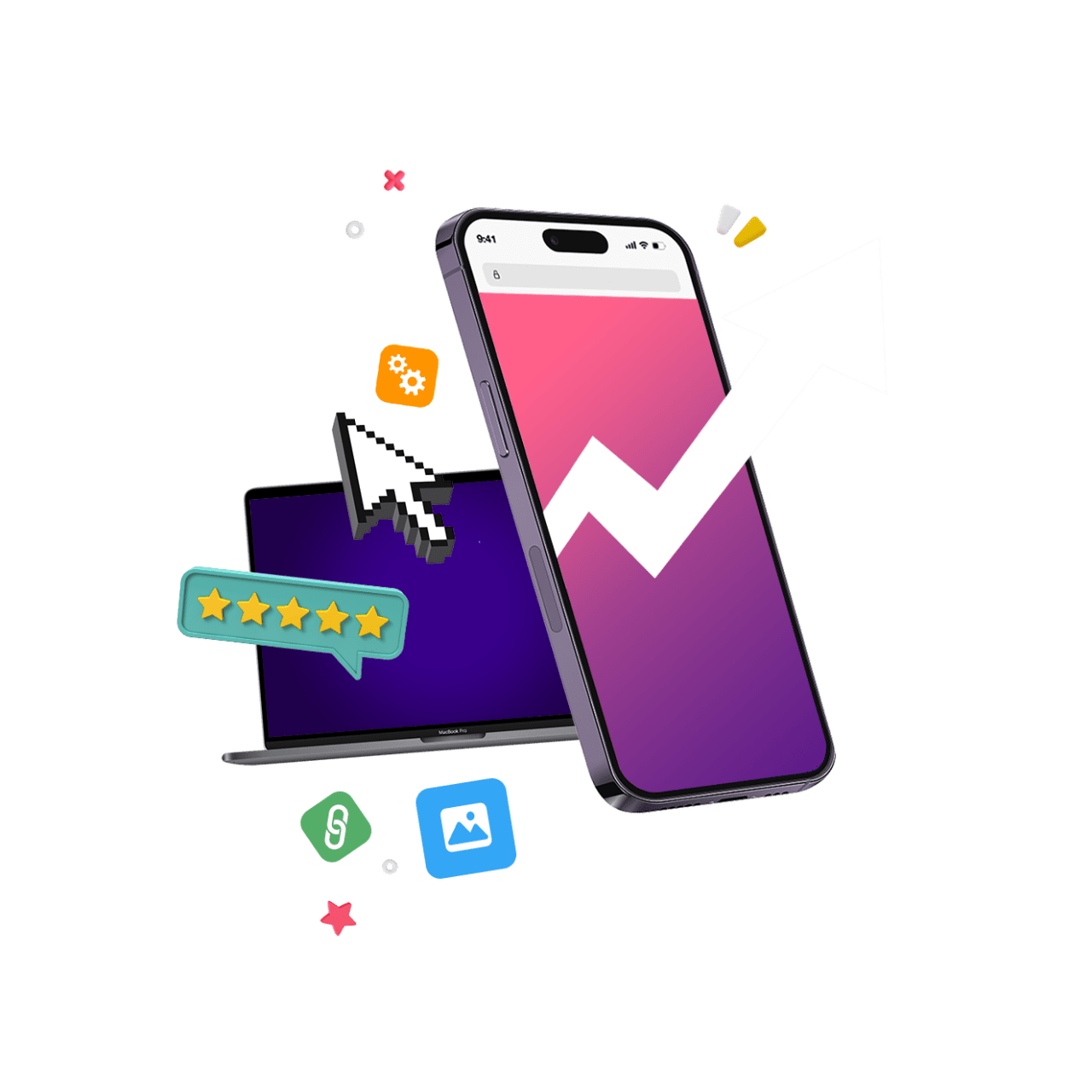 A mobile phone and laptop surrounded by various marketing icons and symbols