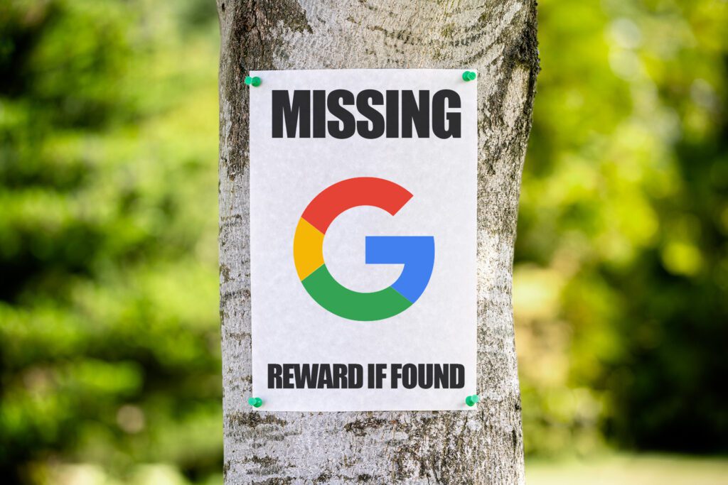 A "missing" notice on a tree, with the words "missing, reward if found" with an image of the google logo