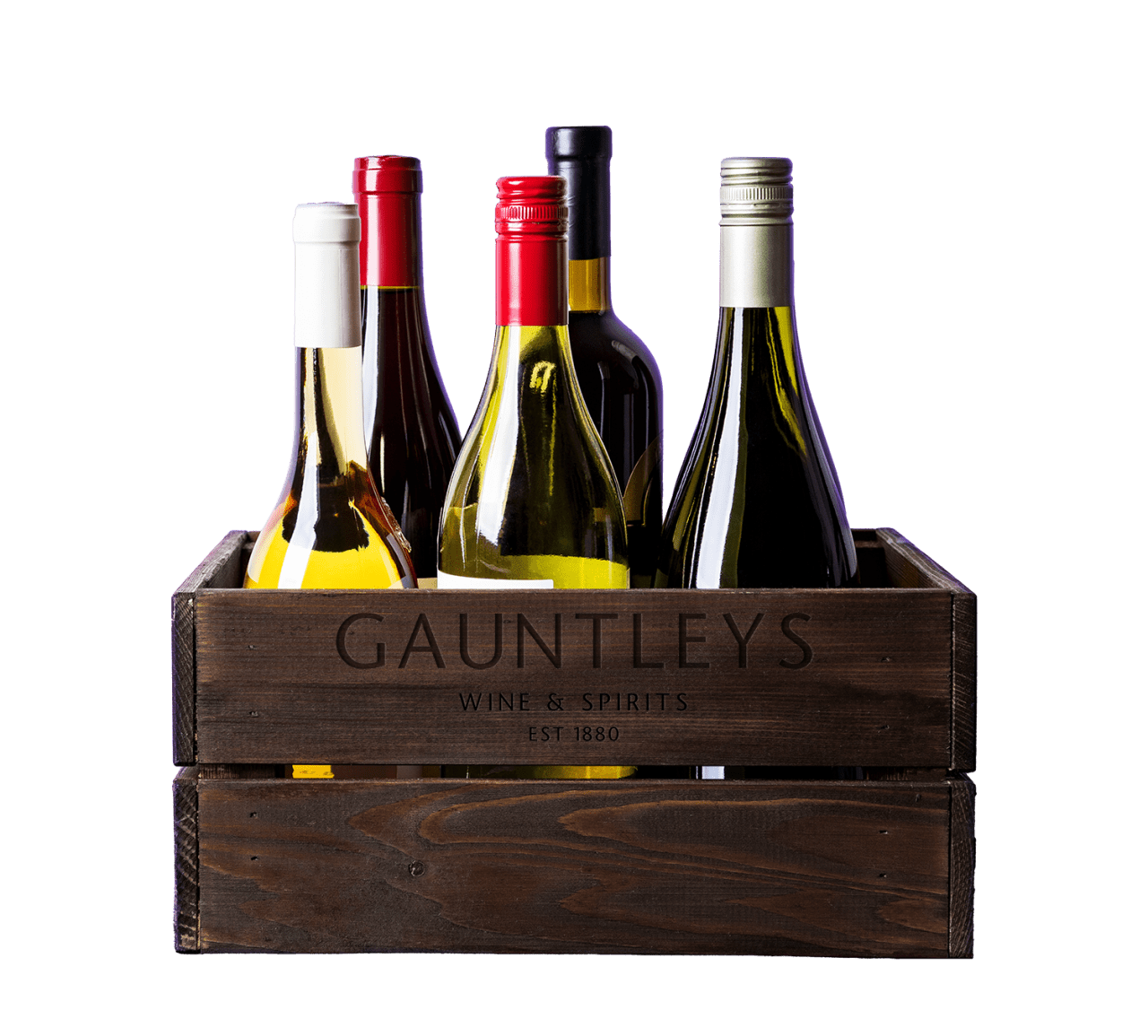 Wine bottles in a wooden crate with the Gauntleys logo