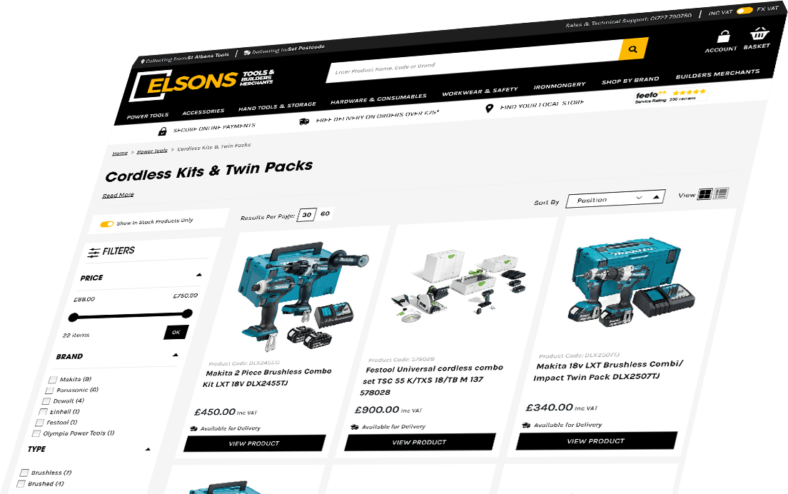 Screenshot of Elsons Tools cordless power tools category page