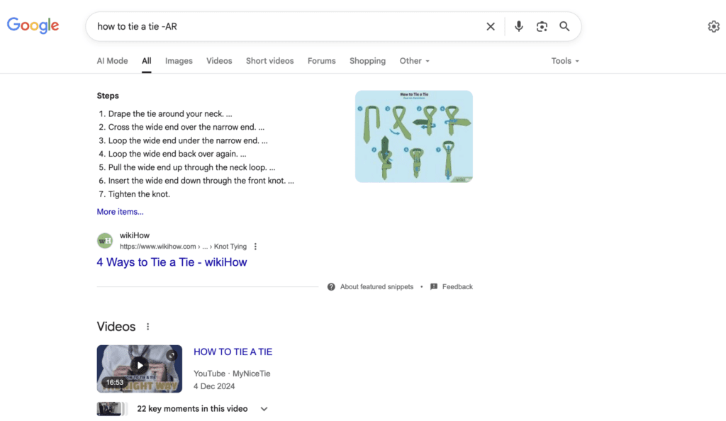a featured snippet appearing for a Google search on how to tie a tie