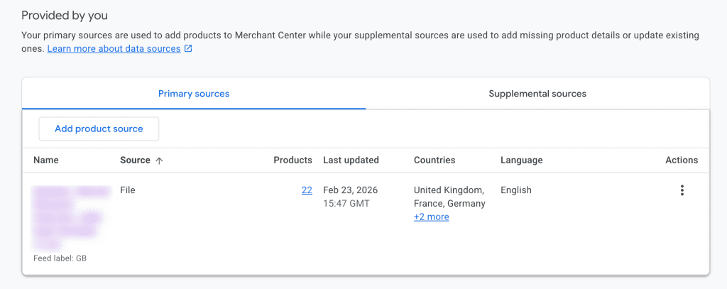 Screenshot showing "Data Sources" section in Merchant Center