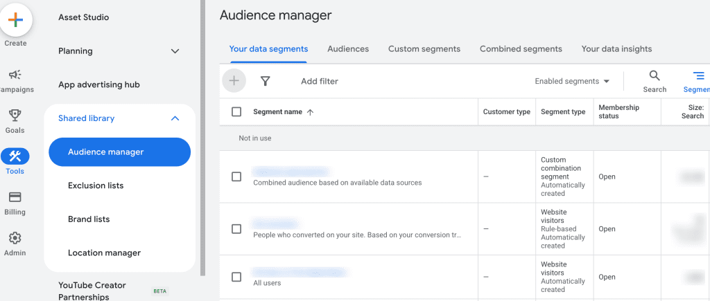 Screenshot of the Google Ads Audience Manager report