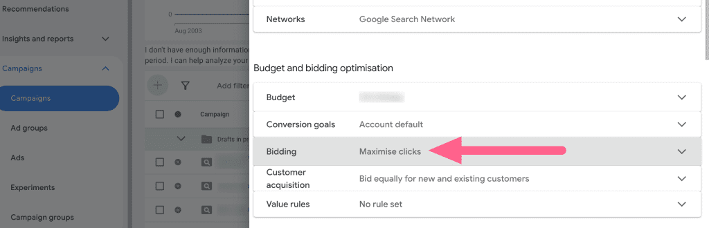 Screenshot from Google Ads showing how to change your Bidding strategy in campaign settings