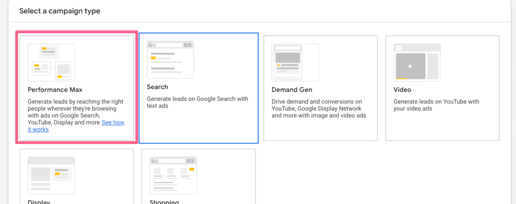 Screenshot showing how to create a Performance Max campaign in Google Ads