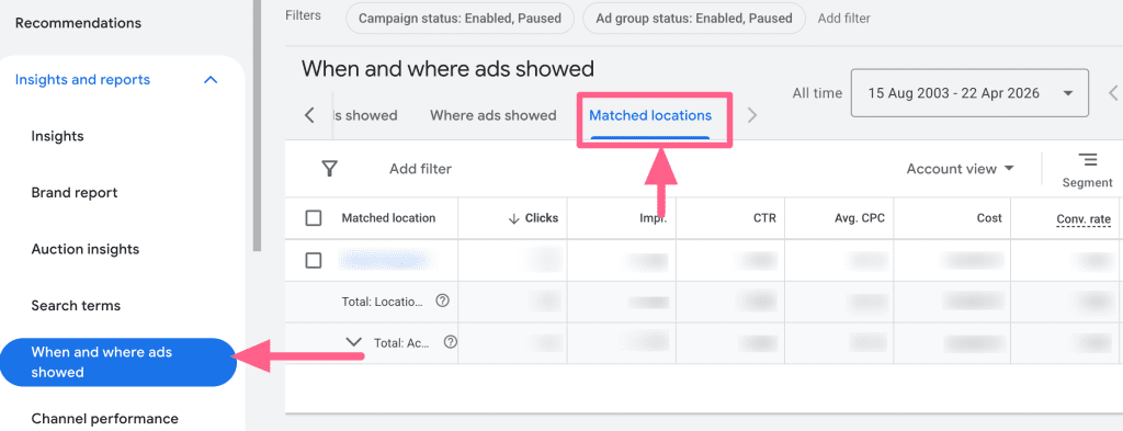 Screenshot showing the Matched Locations report in Google Ads