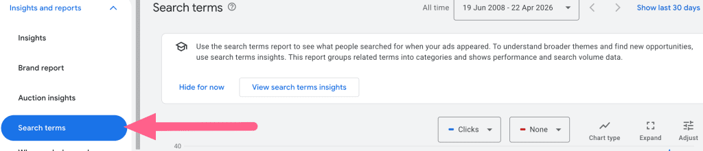 Screenshot from Google Ads showing how to navigate to the Search Terms report