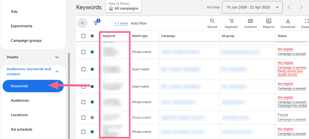 Screenshot showing how to view keywords in your Google Ads account