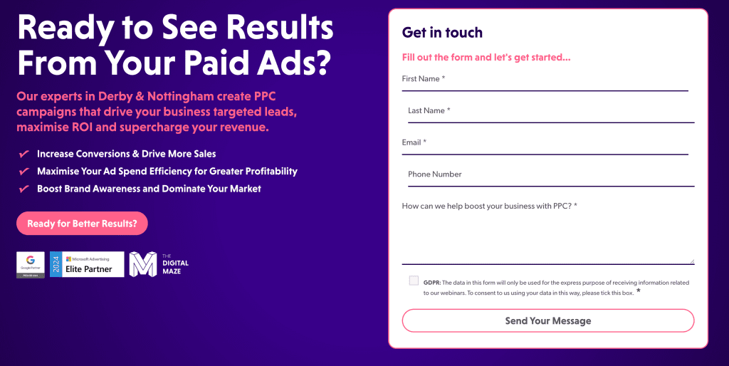 The Digital Maze landing page for Paid Search for our PPC campaigns