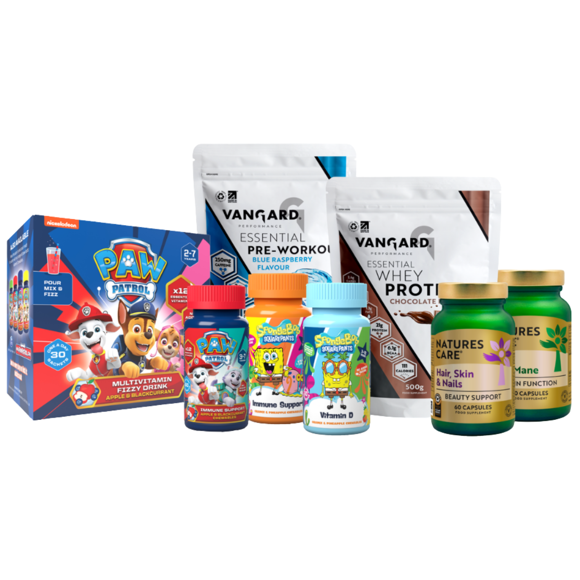 selection of pre-workout packets, tablet pots and multivitamins