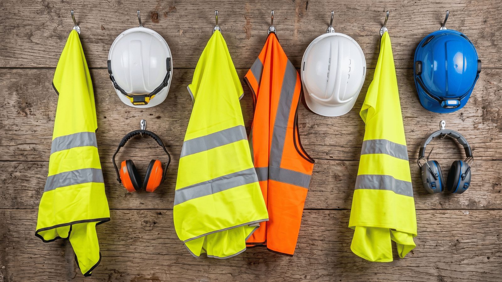 A variety of safety equipment hanging on a rustic wooden wall. The items include three yellow high-visibility vests, one orange high-visibility vest, two white hard hats, one blue hard hat, and two pairs of safety earmuffs (one orange and one blue).