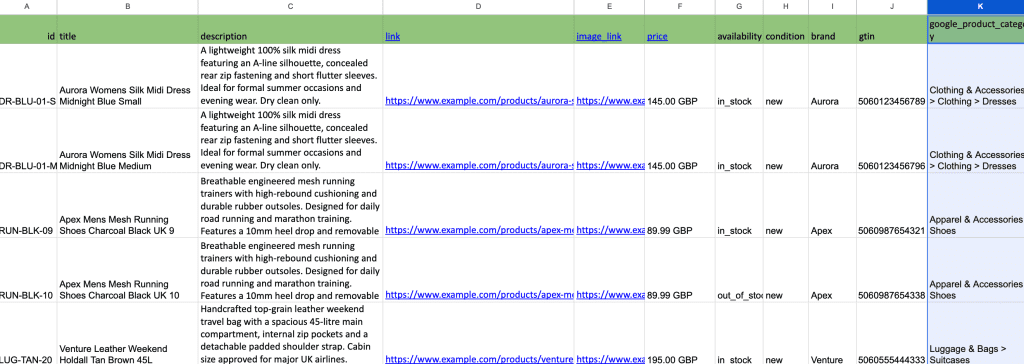 Example of a product feed in Google Sheets