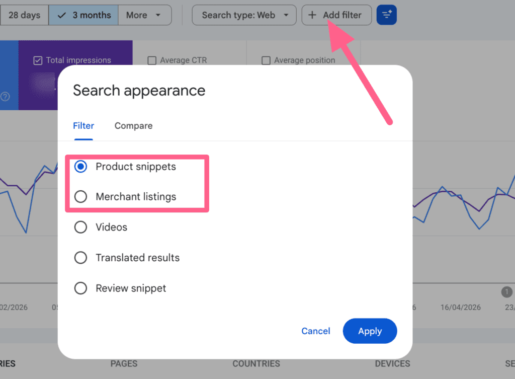 Screenshot from Google Search Console showing how to filter data for Organic Shopping listings