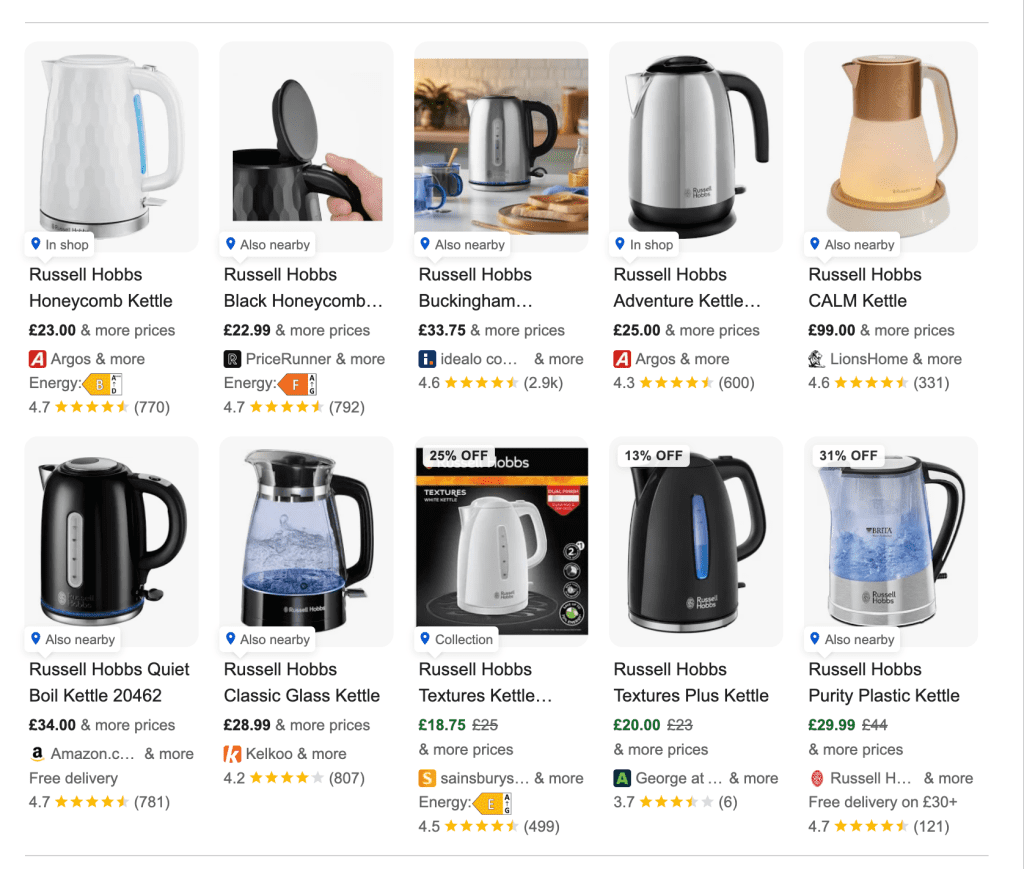 Organic shopping listing in Google, showing a selection of Russell Hobbs kettles