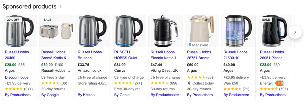 Sponsored products (paid ads) listings in Google Search, showing a variety of Russell Hobbs kettles