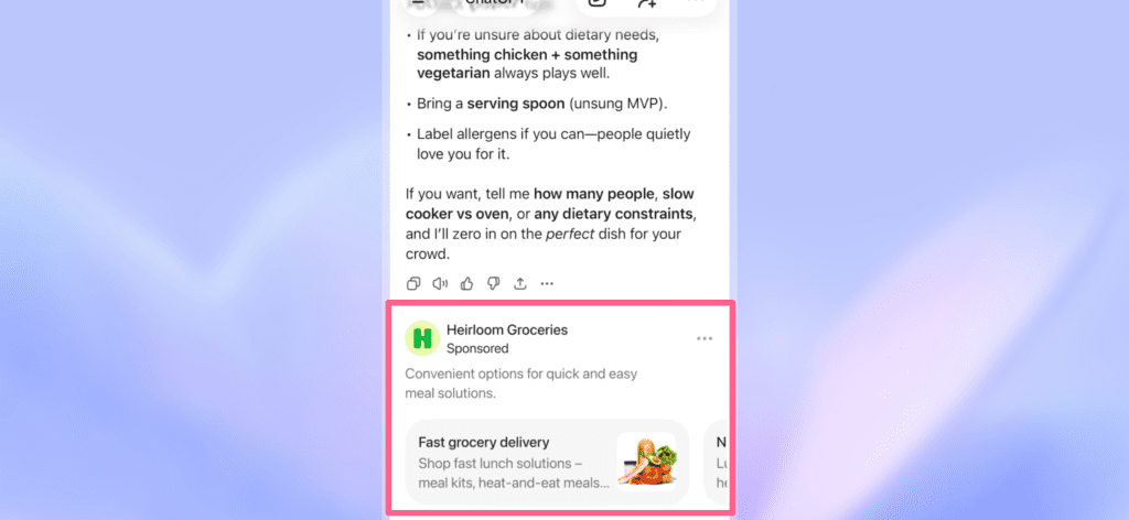 Screenshot from OpenAI's video showing ChatGPT Ads in action on a mobile device