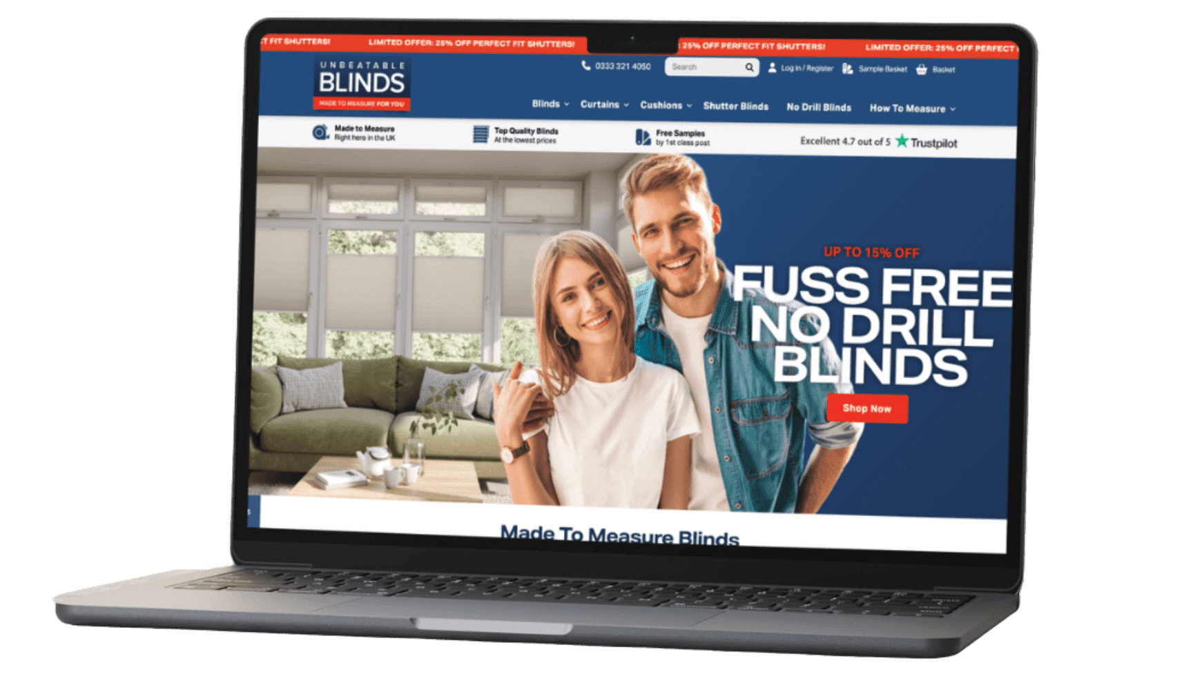 a laptop open with the home page of the unbeatable blinds home screen of the website