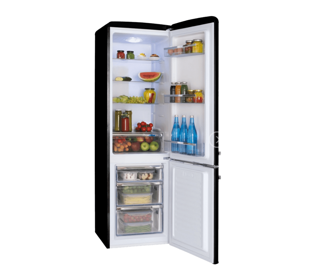a black fridge full of food and items