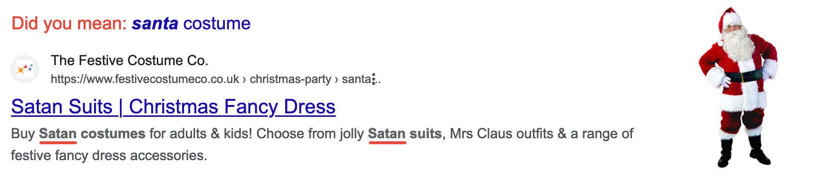 A Google search listing showing 'Satan suits' instead of Santa costumes, with the 'Did you mean: santa costume' correction